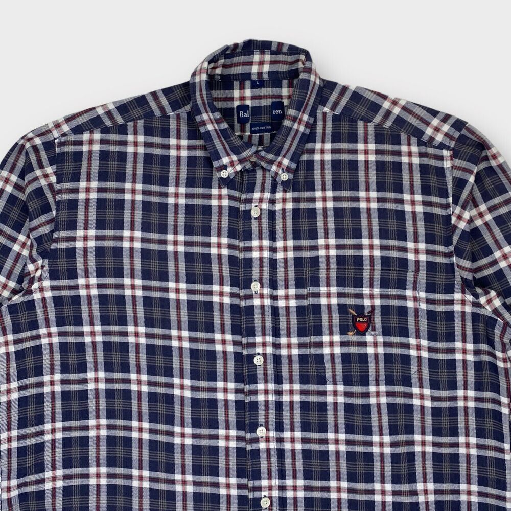 VINTAGE Ralph Lauren Shirt Mens Large Polo Golf Crest Logo Check Navy Red Preppy - Picture 6 of 15